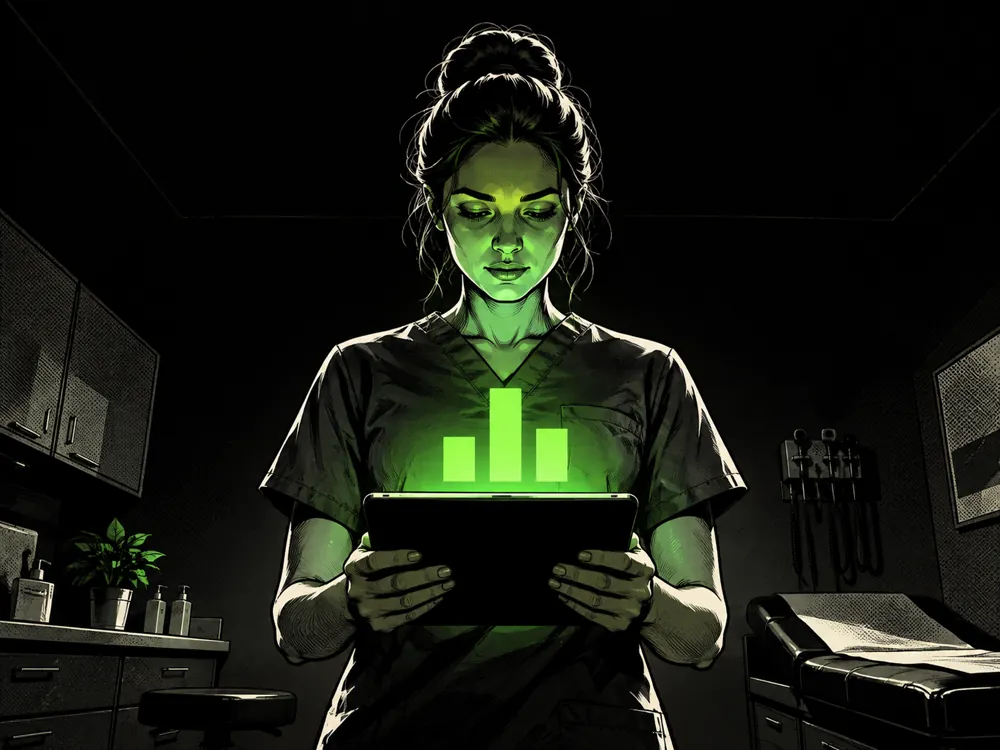 A clinician in scrubs in a treatment room reading her Blueprint score on a tablet.